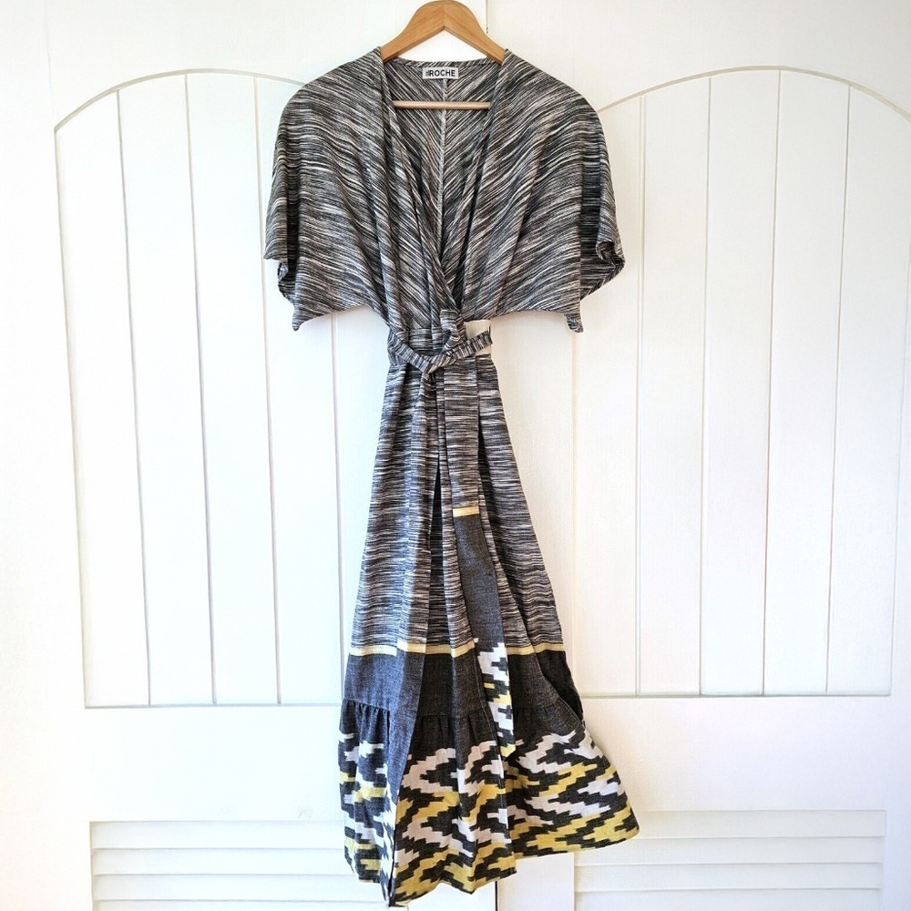 St.ROCHE Wrap Printed Midi Dress Organic Cotton, Black Ivory Yellow Size 4 NWOT